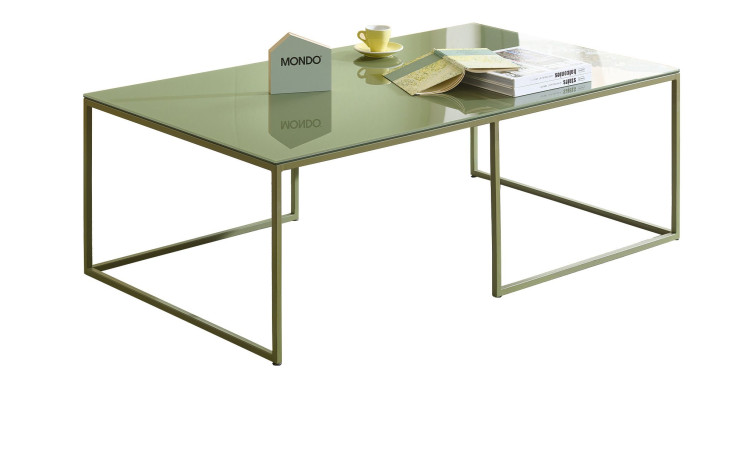 Couchtisch MONDO Garta mit einer grünen hochglanz Glasplatte und einem grünen Metallgestell