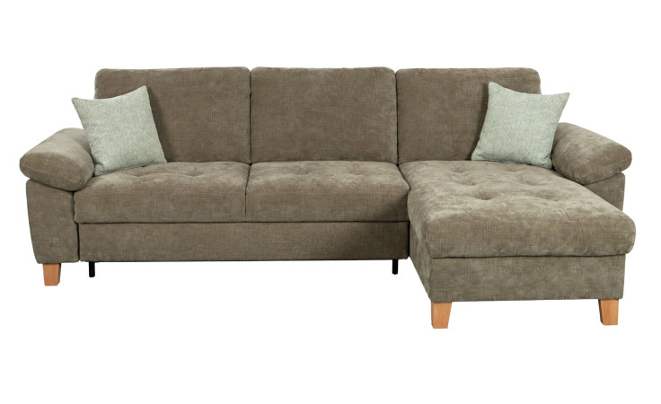 Vito Komfort-Wohnlandschaft Wisom: braunes Ecksofa, rechte Chaiselongue, 92 cm hoch, Holzbeine, 2 helle Kissen, auf weißem Hintergrund.
