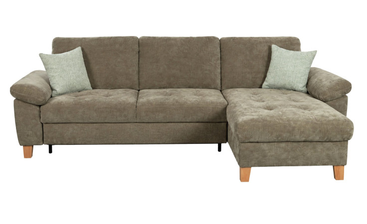 Vito Basis-Wohnlandschaft „vito Wisom“: braunes L-förmiges Sofa, 92 cm hoch, 2 graue Kissen, Holzbeine, gepolsterte Chaiselongue auf der rechten Seite.