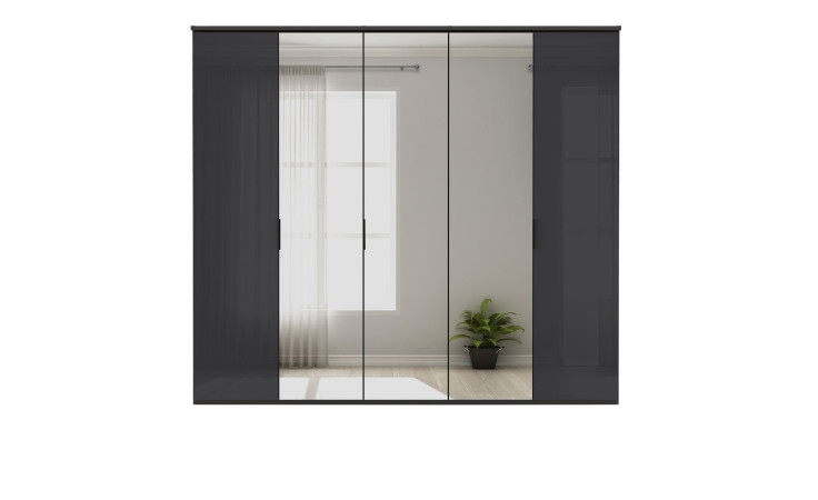 Komfort-Drehtürenschrank vito Dioso Mit einer Farbglasfront in Basalt und einem Korpus in Graphit aus Holzwerkstoff.