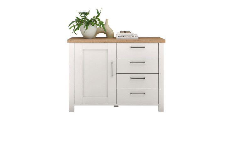 Kommode LIV`IN Asmara in weiß mit Absetzung Mauvella Oak, mit 1 Tür und 4 Schubladen