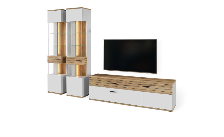 Wohnwand von Set One Mustering in der Farbe weiß mit Holzabsetzung, bestehen aus 2 Vitrinen, TV-Element, Ansicht seitlich