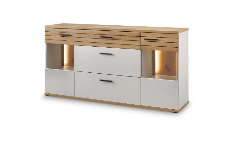 Sideboard Set One Quincy in Lichtgrau und Holzabsetzung mit Beleuchtung