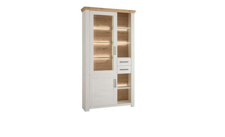 Komfort-Vitrine set one York in Pinie Aurelio mit einer Absetzung in Artisan Eiche