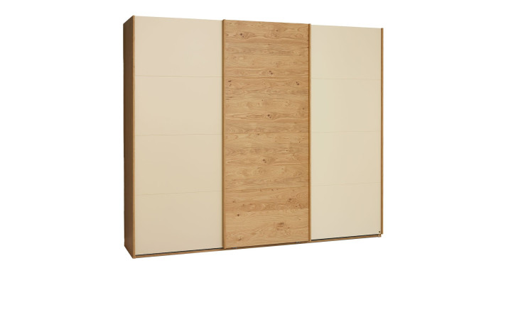 Komfort-Schwebetürenschrank Musterring Montino mit einem Korpus in Balkeneiche und einer Front in Sand / Balkeneiche