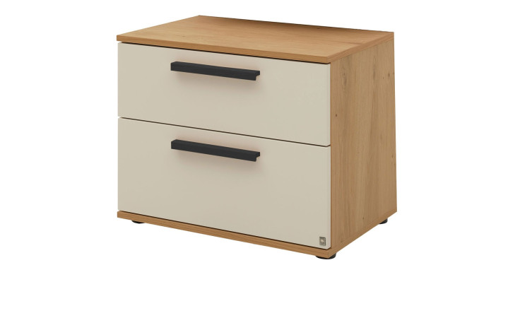 Nachtkonsole Musterring Montino mit einem Korpus in Balkeneiche und einer Front in Sand.