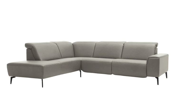 Komfort-Ecksofa MR 1320 in einem Echtleder-Bezug in Grau. Schräge Frontansicht