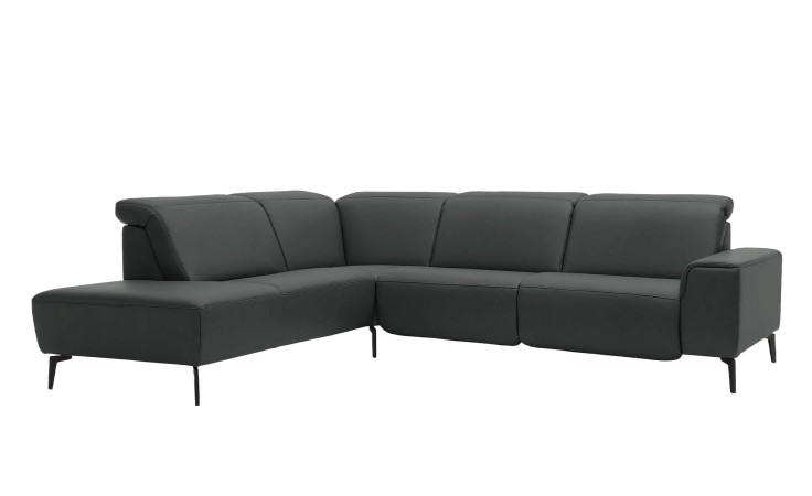 Komfort-Ecksofa MR 1320 in einem Echtleder-Bezug in Steel. Schräge Frontansicht