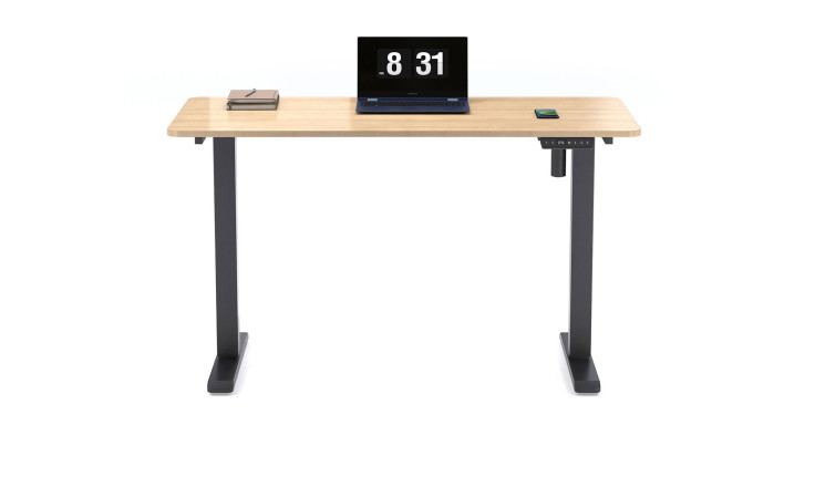 Elektrischer Schreibtisch Up & Down mit Holztischplatte und schwarzem Metallgestell, Draufsicht