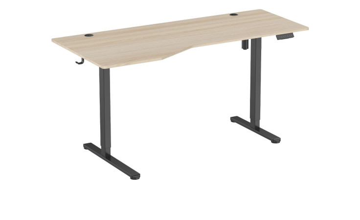 Schreibtisch Noah, ein elektrisch höhenverstellbarer Stehschreibtisch mit einer Tischplatte in hellem Holzfarbton und schwarzen Metallbeinen.