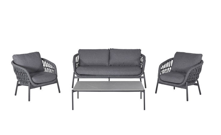 Lounge-Set Cliff mit dunkelgrauem Rope, anthrazitfarbigen Auflagen, Gestell aus Aluminium in Anthrazit und Tischplatte aus Sinterstein