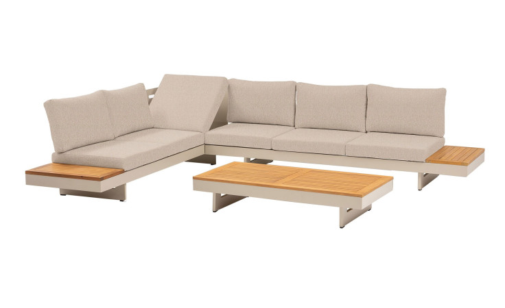 Lounge-Set Accra mit Tischplatten aus Akazienholz, Gestell in beige aus Aluminium