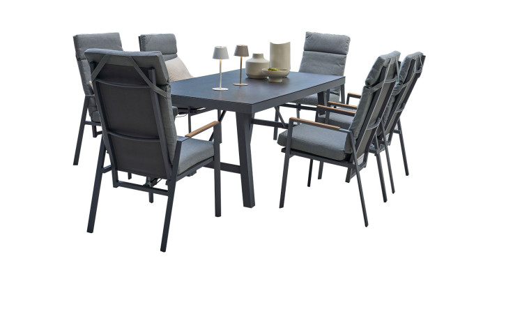 Dining-Set Grado 6-tlg. in grau, Tischplatte aus 3D-Glas und Gestell aus Aluminium