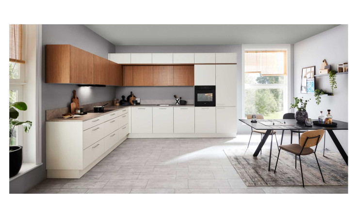 nolte Begros Küche, Manhattan Uni / Artline, Magnolia / Stripe Wood Crema