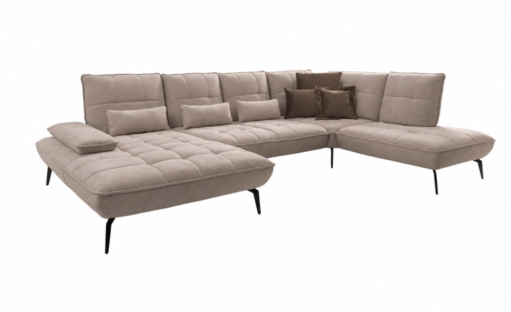 Komfort-Wohnlandschaft „vito Ticona Plus“ von Vito: hellbraune L-Form, Relaxfunktion, gesteppte Kissen, schwarze Beine.