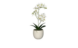 Orchidee 36 cm aus Kunststoff mit grünen Stiel und Blätter und weißen Blüten und Untertopf.