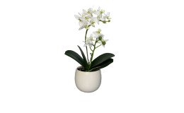 Orchidee 34 cm aus Kunststoff mit grünen Stiel und Blätter und weißen Blüten und Untertopf.