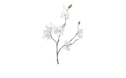 Magnolien-Pick 82 cm aus Kunststoff mit weißen Blüten, grünen Applikationen und braunen Stiel.
