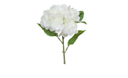 Hortensie 31 cm aus Kunststoff mit weißen Blüten und grünen Stiel und Blätter.