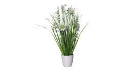 Wiesenblumengras 34 cm aus Kunststoff in grün mit weißen Blüten, Applikationen und Untertopf.