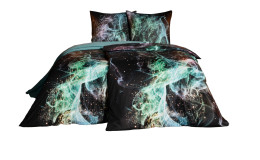 Estella Mako-Jersey-Bettwäsche Colour 135x200 cm: abstrakte teal, grün & weiße Lichter auf schwarz, inkl. Kissen- & Bettbezug.
