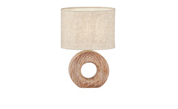Tischleuchte Hanke 31 cm mit holzfarbenem Fuß und hellem Stoffschrim.