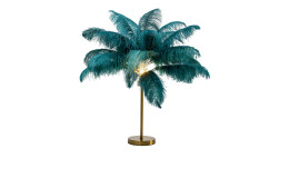 Die Kare Tischleuchte Feather Palm ist eine tealfarbene Stehleuchte in Form einer Palme mit Straußfederblättern und einem goldenen Rundsockel.