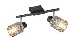 Die Reality Spot-Deckenleuchte Jack 37 cm verfügt über zwei Glasschirme auf einer schwarzen Stange und wird teilmontiert geliefert, um den Aufbau zu erleichtern.