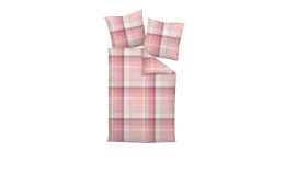 Rosa und weiß karierte Mako-Satin-Bettwäsche Milano 135x200 cm mit zwei Kissen, abgebildet auf weißem Hintergrund.