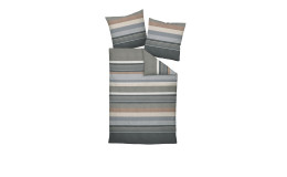 Biber-Bettwäsche Davos 155 x 220 cm Set in Grau, Beige und Weiß mit Streifen auf weißem Hintergrund.