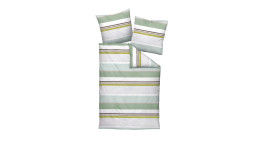 Das Set Biber Bettwäsche Davos (135x200 cm) besteht aus einem Bettbezug und zwei grün-weiß-gelb gestreiften Kissen.
