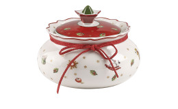 Dose Toy's Delight klein 10 cm in weiß mit rotem Deckel und weihnachtlichen Motiven.