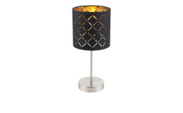 Tischleuchte Clarke mit einem silbernen Nickelfuss und einem Teytil Schrim in schwarz und Gold.