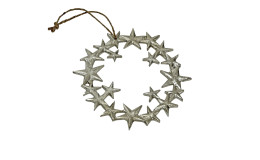 Sternenhänger 28 cm aus Aluminium in der Farbe silber mit einem braunen Faden zum Aufhängen.