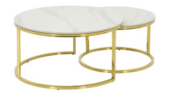 Couchtisch 2er-Set Juelich mit einer runden Tischplatte aus Echstein in einer Marmoroptik in weiß und einem golden Metallgetsell.