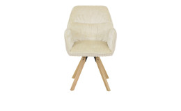 Armlehnstuhl Bremen mit einem creme Samtvelour Sitzbezug und einem creme Breitcordbezug im Rücken, mit einem Massivholzfuß. frontalansicht.