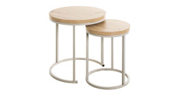 Beistelltisch 2er Set Lena mit grauem Metallgestell und hellen Eichenholzplatten, runde Form