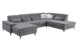 Komfort-Wohnlandschaft plano|FORM Berlin, in der Farbausführung Grey, Schrägansicht mit Kissen