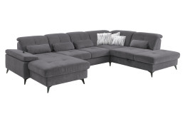 Komfort-Wohnlandschaft plano|FORM Berlin, in der Farbausführung Anthrazit, Schrägansicht mit Kissen