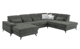 Komfort-Wohnlandschaft plano|FORM Berlin, in der Farbausführung Moos, Schrägansicht mit Kissen