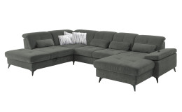 Komfort-Wohnlandschaft plano|FORM Berlin, in der Farbausführung Moos, Schrägansicht mit Kissen