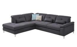 Komfort-Ecksofa plano|FORM Marbella, in der Farbausführung Grau, Schrägansicht mit Kissen