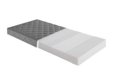 Mehrzonen-Kaltschaum-Matratze, in der Größe 100 x 200 cm und einem Stoffbezug in anthrazit, halb bezogen, halb offen