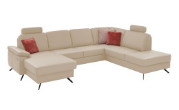 Komfort-Wohnlandschaft plano|FORM Wien, in der Farbausführung Beige, mit Kissen und Kopfstütze