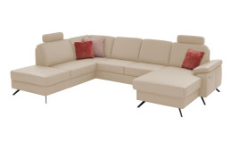 Komfort-Wohnlandschaft plano|FORM Wien, in der Farbausführung Beige, mit Kissen und Kopfstütze