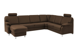 Komfort-Wohnlandschaft plano|FORM Tyler, in der Farbausführung Mocca, Schrägansicht mit Kopfstütze