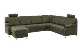 Komfort-Wohnlandschaft plano|FORM Tyler, in der Farbausführung Olive, Schrägansicht mit Kopfstütze
