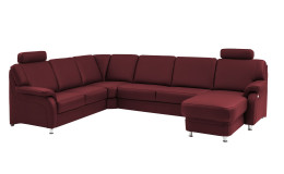 Komfort-Wohnlandschaft plano|FORM Tyler, in der Farbausführung Rot, Schrägansicht mit Kopfstütze