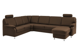 Komfort-Wohnlandschaft plano|FORM Tyler, in der Farbausführung Mocca, Schrägansicht mit Kopfstütze