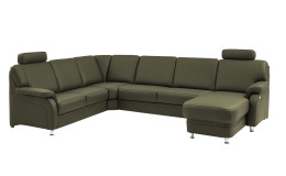 Komfort-Wohnlandschaft plano|FORM Tyler, in der Farbausführung Olive, Schrägansicht mit Kopfstütze